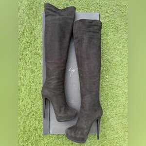 GIUSEPPE ZANOTTI EVA TALL SUEDE BLACK LEATHER OVER KNEE BOOTS HIGH HEELS SIZE 37
